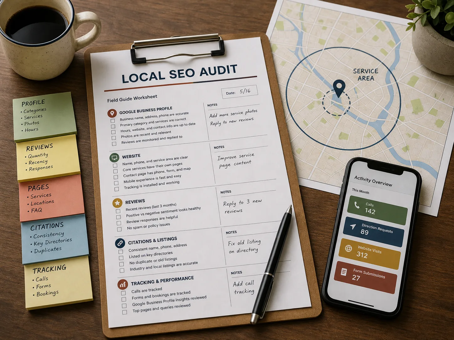 A local SEO audit worksheet, service-area map, sticky notes, and phone on a worktable.