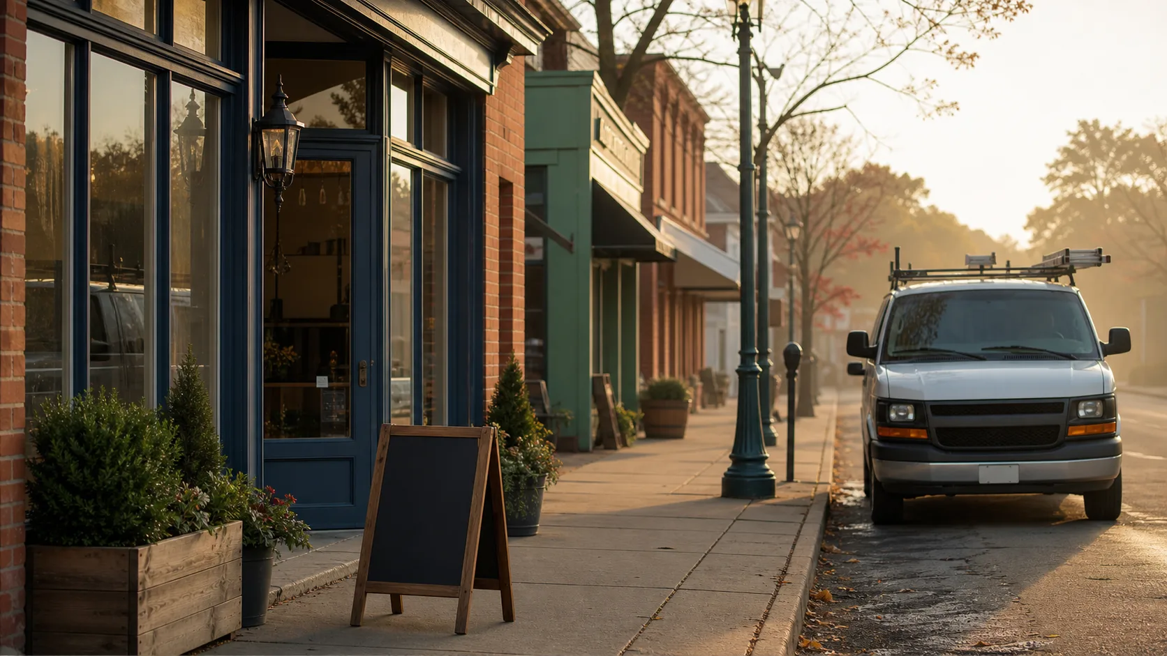 A neighborhood storefront and service van on a local commercial street.